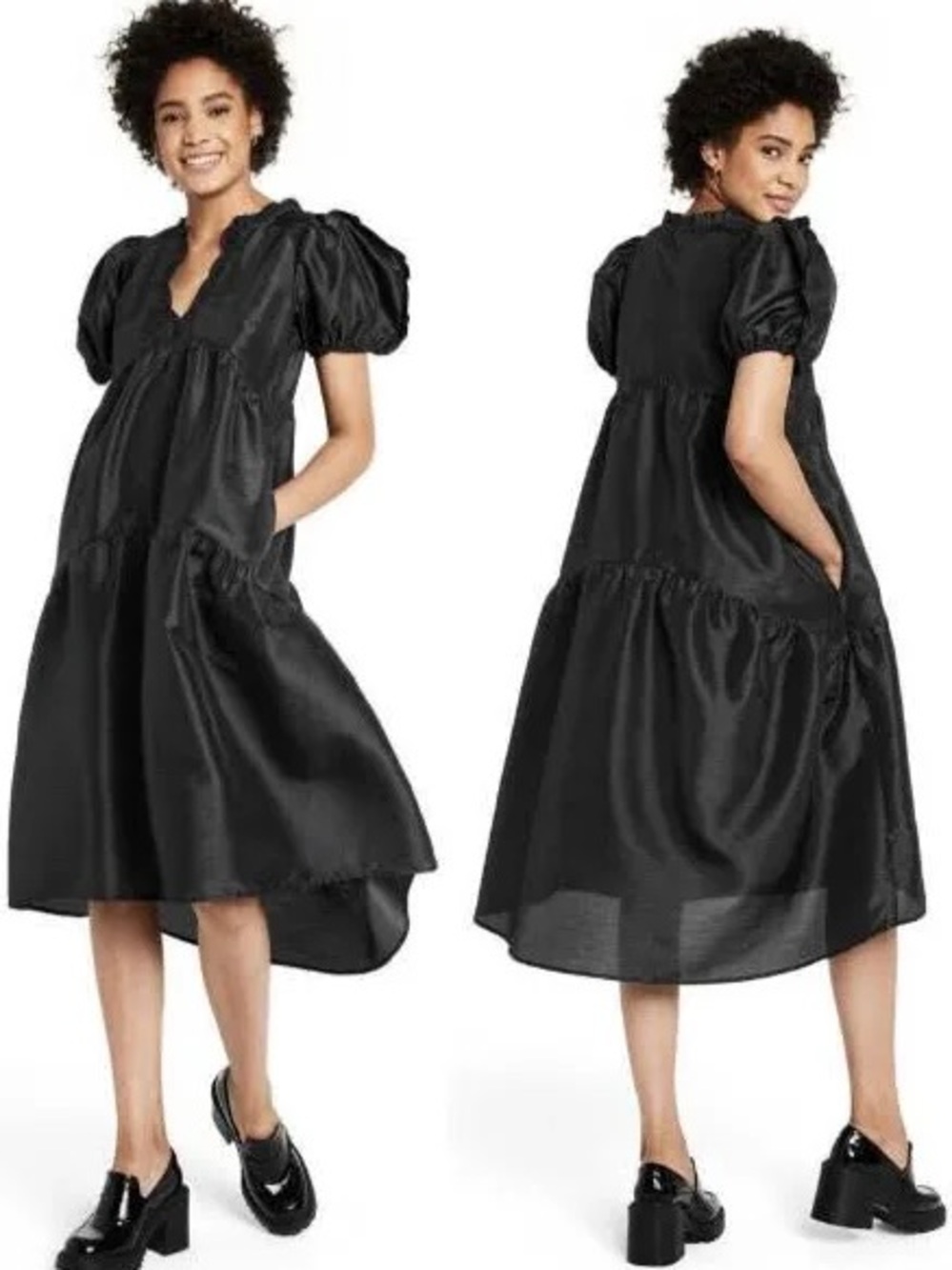 Kika Vargas Black Puff Sleeve V-Neck Tiered Dress